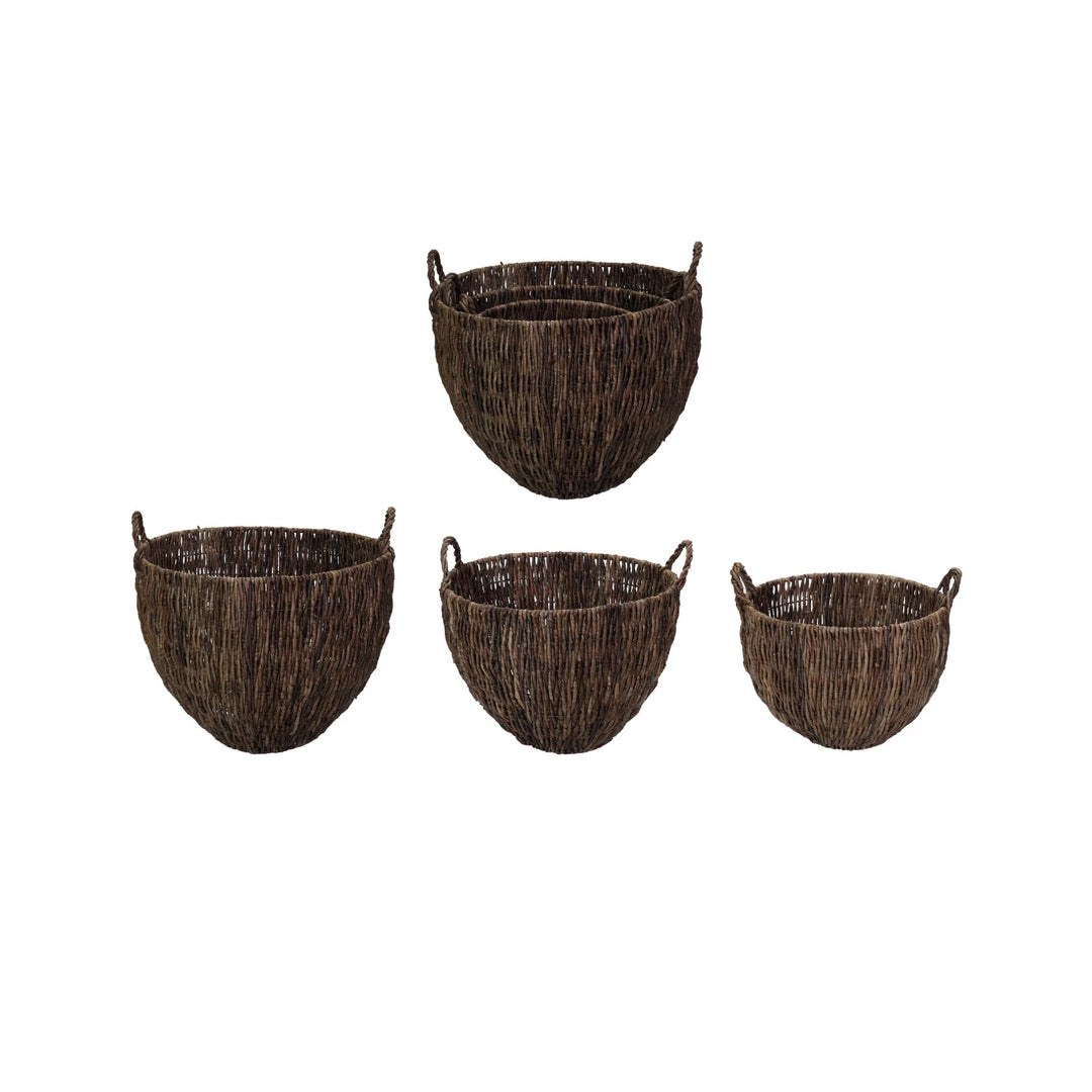 Set of three woven banana leaf baskets, dark brown
