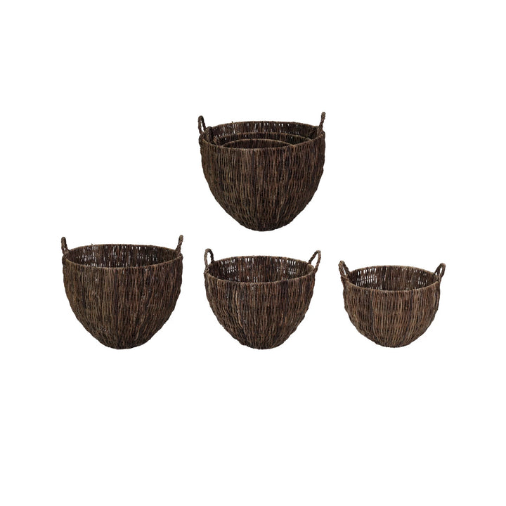 Set of three woven banana leaf baskets, dark brown