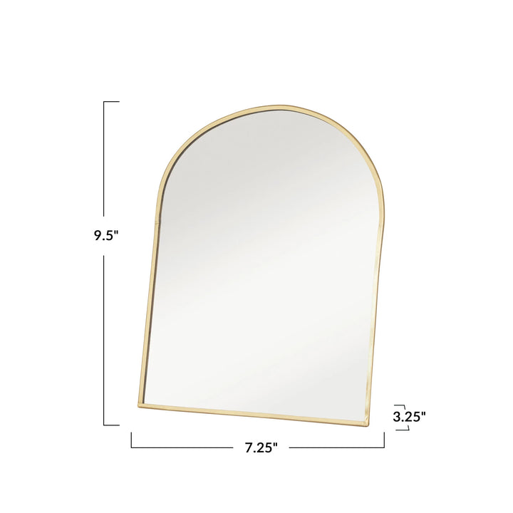 Arched mirror with gold frame and dimensions on a white background