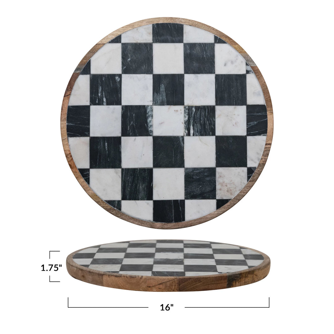 Round checkered table with dimensions on a white background