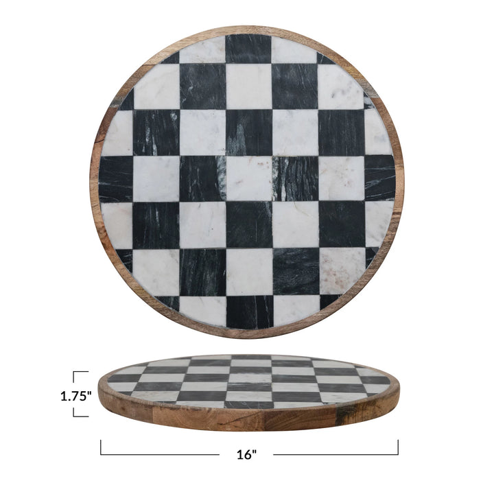 Round checkered table with dimensions on a white background