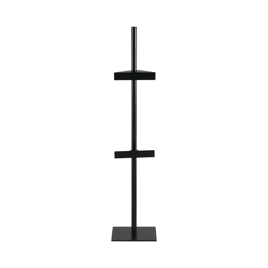 Black metal easel with multiple shelves on a white background