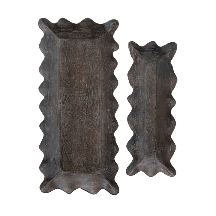 Distressed Black Wood Scalloped Trays