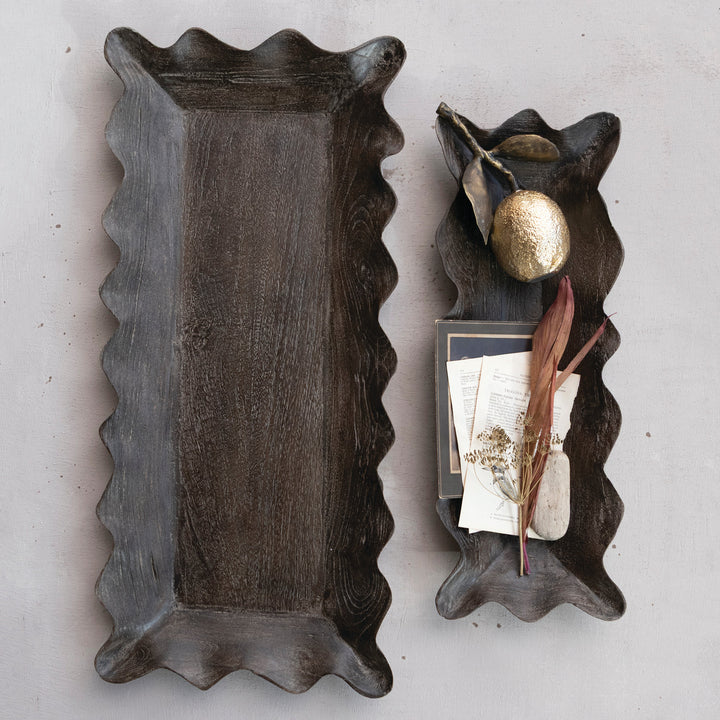 Distressed Black Wood Scalloped Trays
