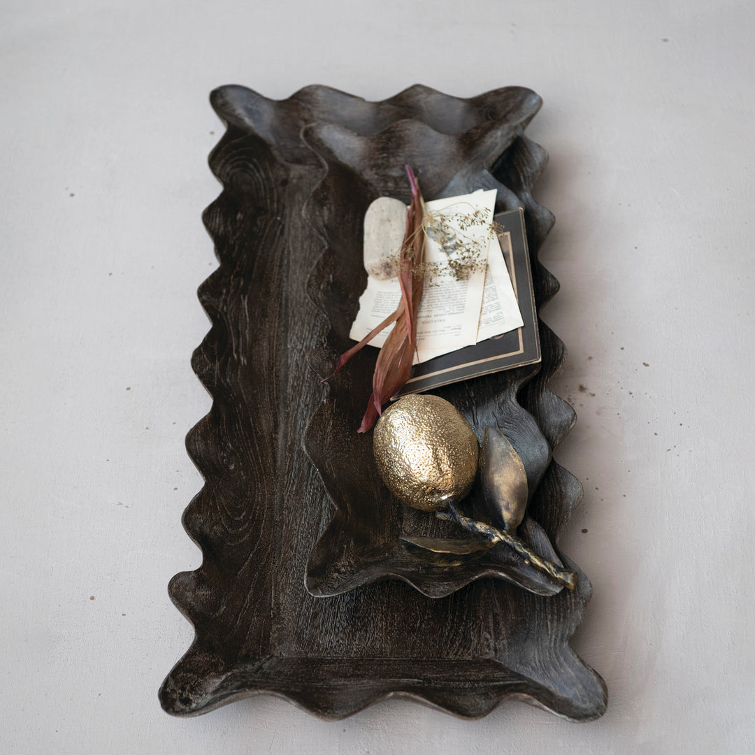 Distressed Black Wood Scalloped Trays