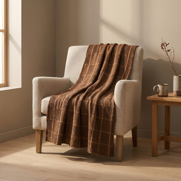Brown Grid Pattern Waffle Weave Throw