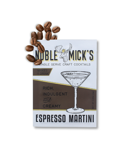 Noble Mick's Espresso Martini cocktail package with coffee beans on a white background