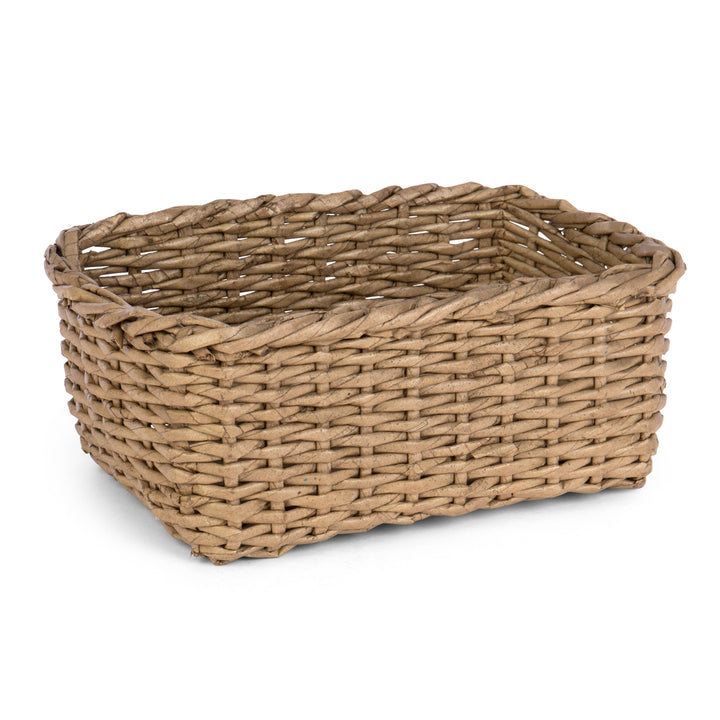 Woven brown paper basket on a white background