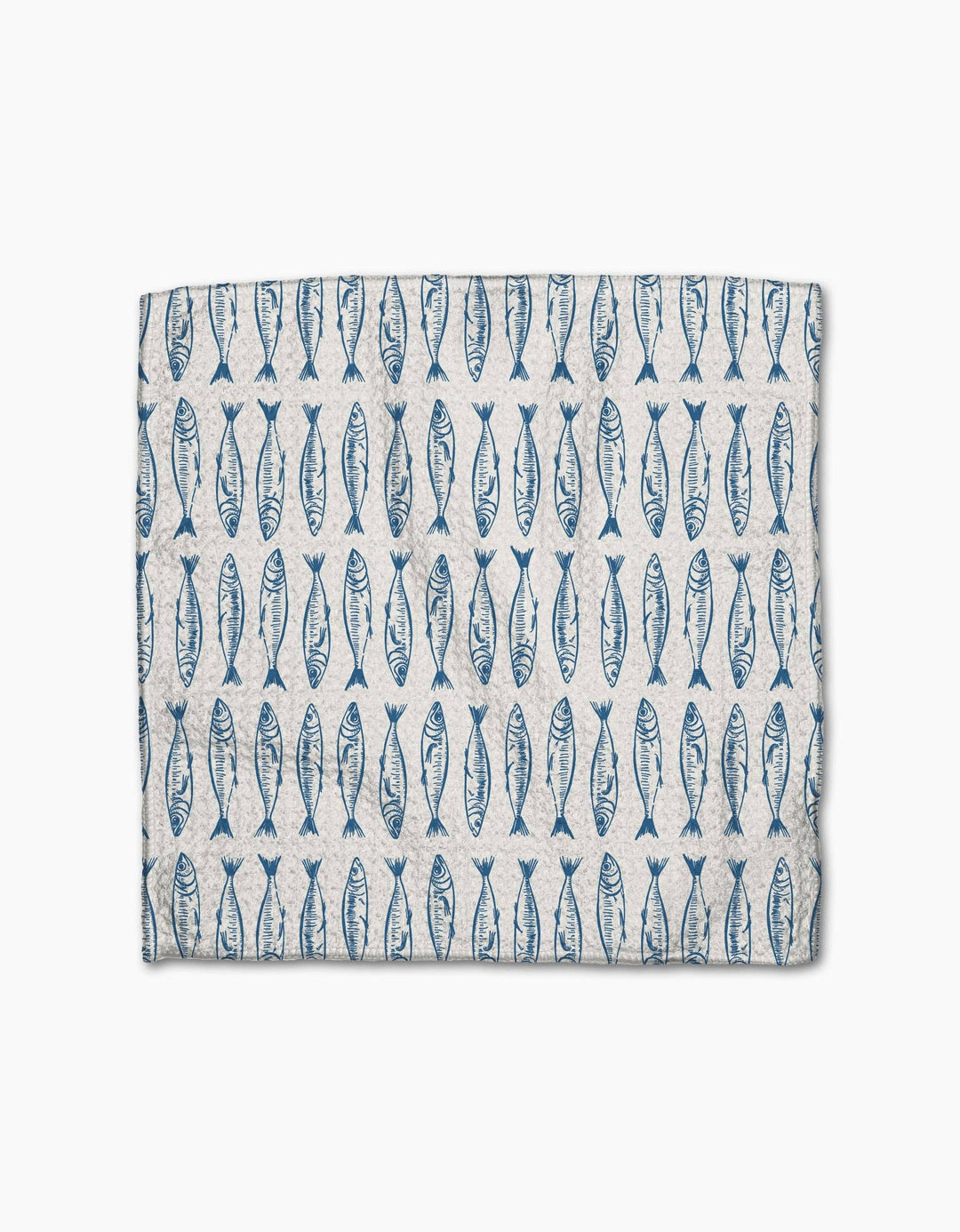Fabric with blue fish pattern on a white background