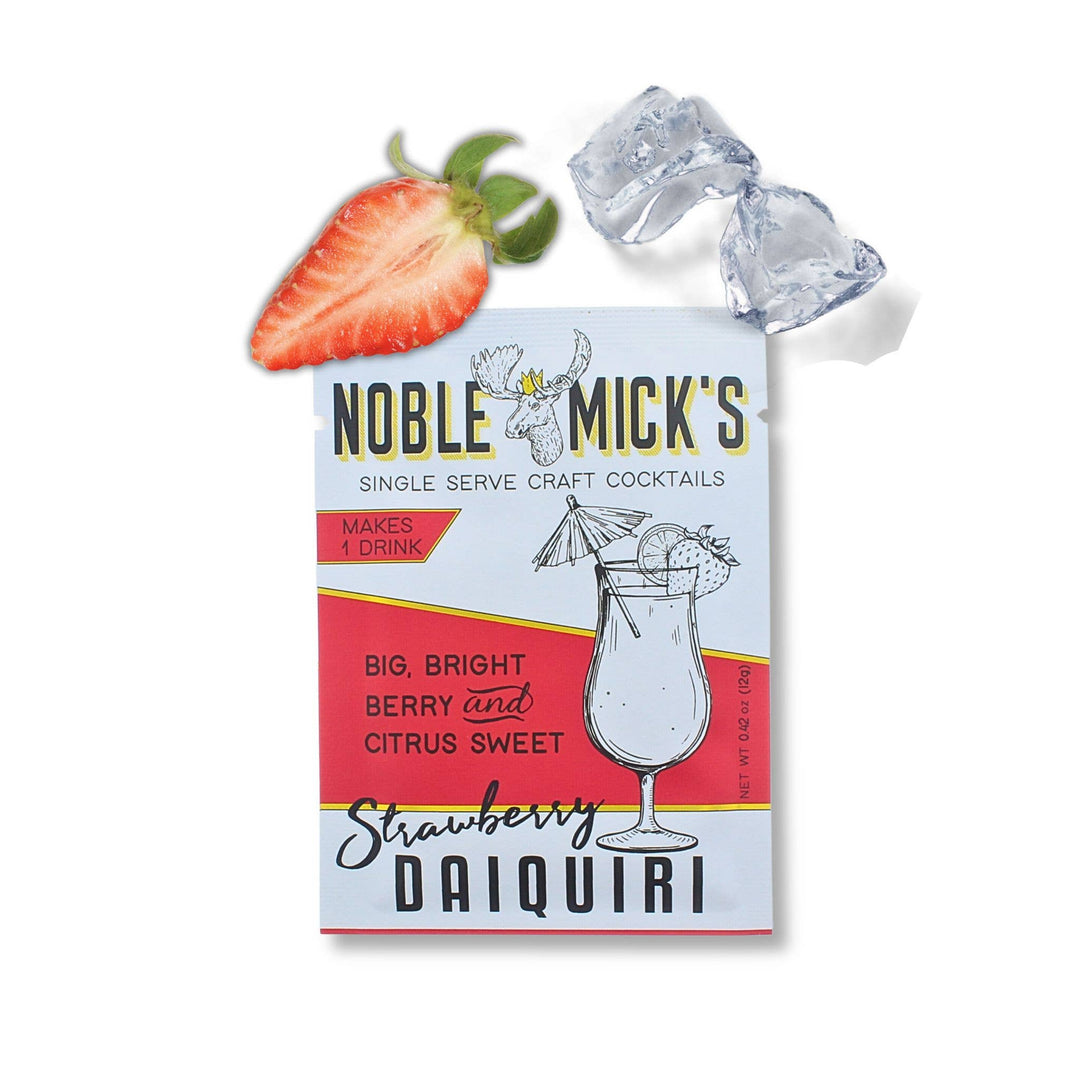 Noble Mick's Strawberry Daiquiri cocktail kit with a strawberry and ice cubes 