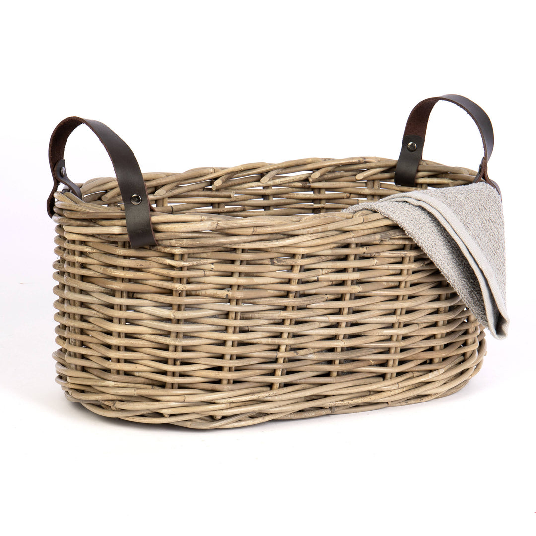 Oval Rattan Basket with Leather Handles