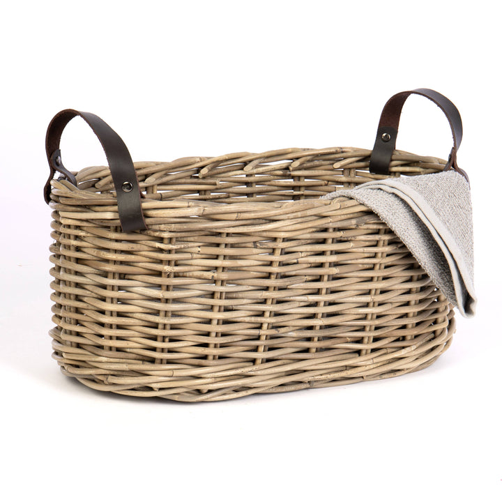 Oval Rattan Basket with Leather Handles