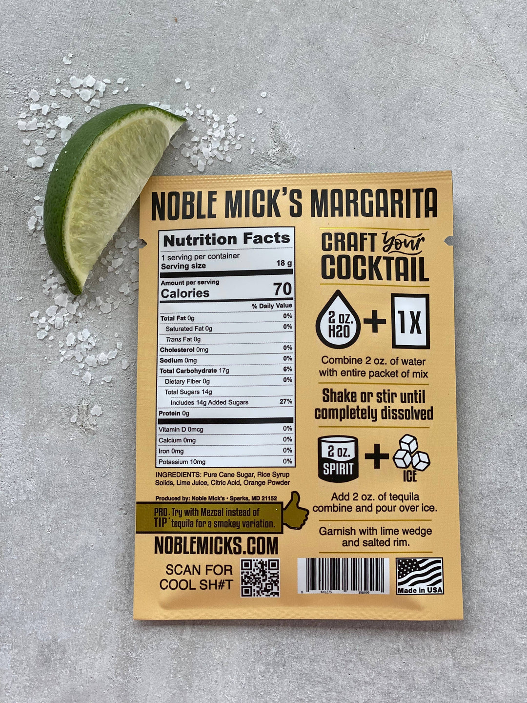 nutrition facts of Noble Mick's margarita single drink mixer