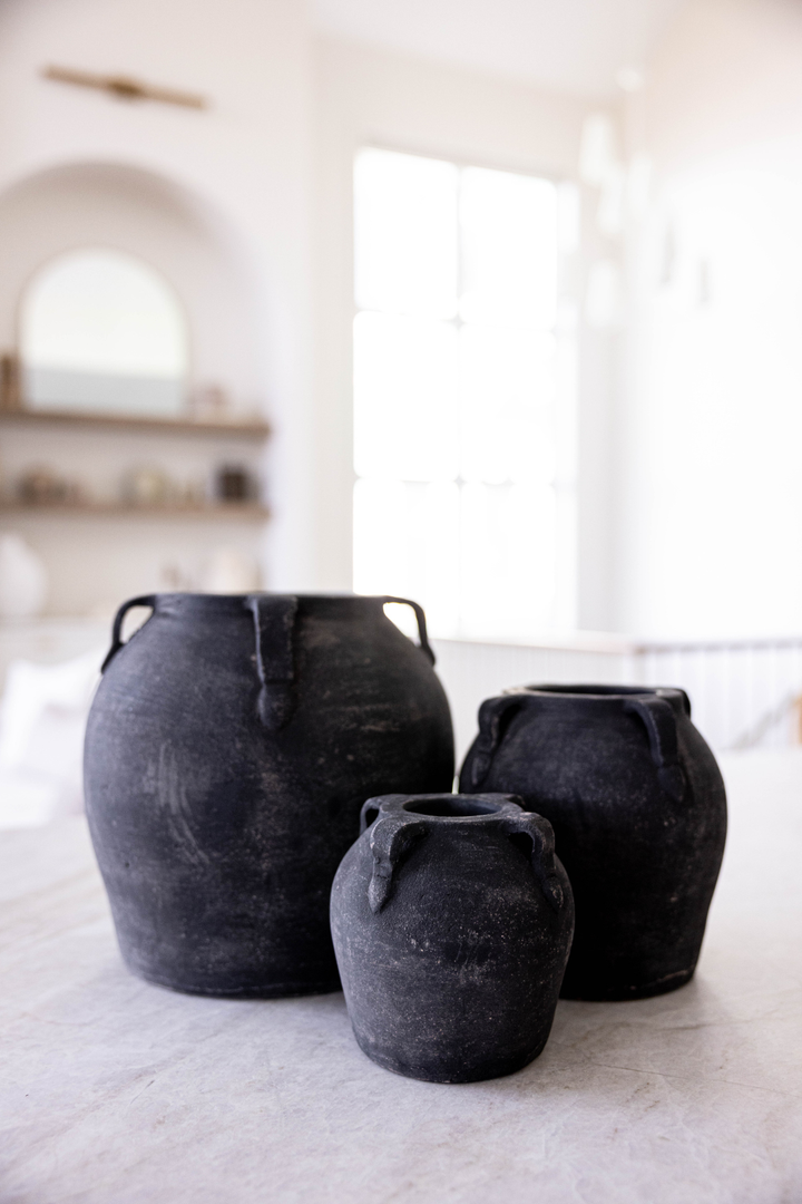 black washed terracotta vase with handles in 3 sizes