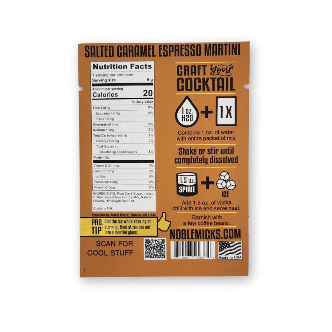 Noblemicks cocktail mix package with nutritional information and recipe details on a white background