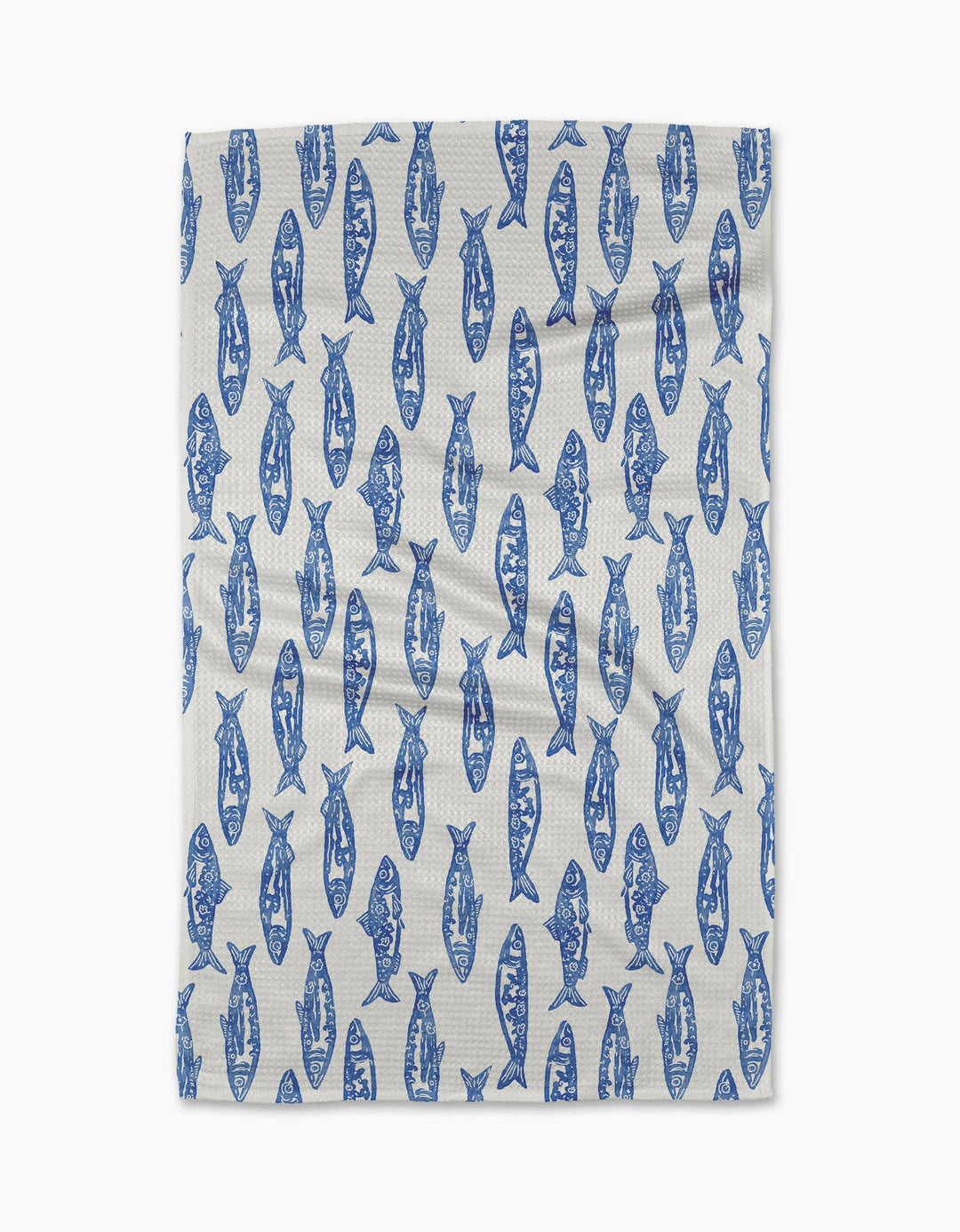 Tea towel with blue fish pattern on a white background