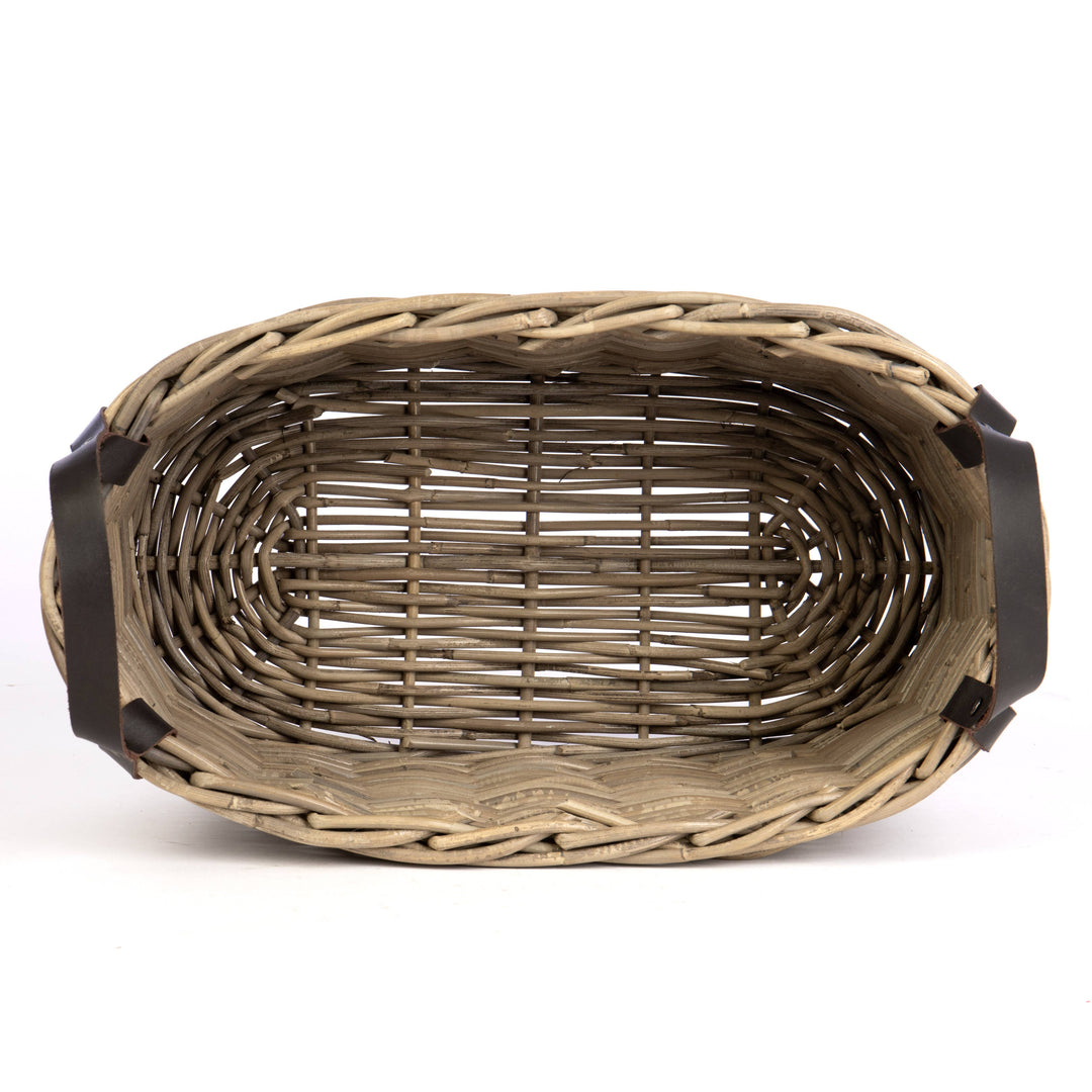 Oval Rattan Basket with Leather Handles