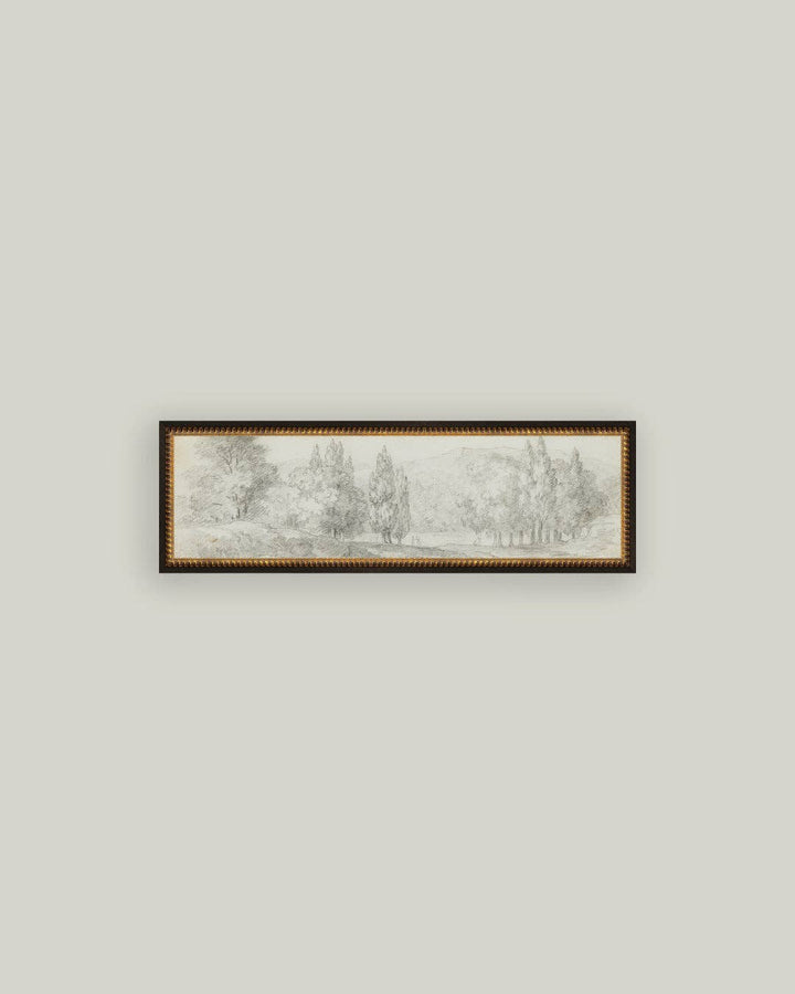 Country Meadow Sketch Framed Antique Art: 17x6