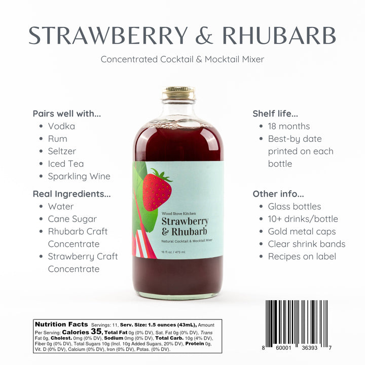 Strawberry & Rhubarb concentrated cocktail mixer label with bottle image