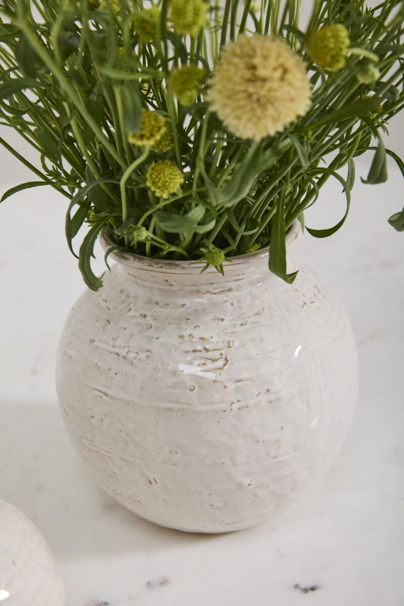 White textured vase with greenery on a light background