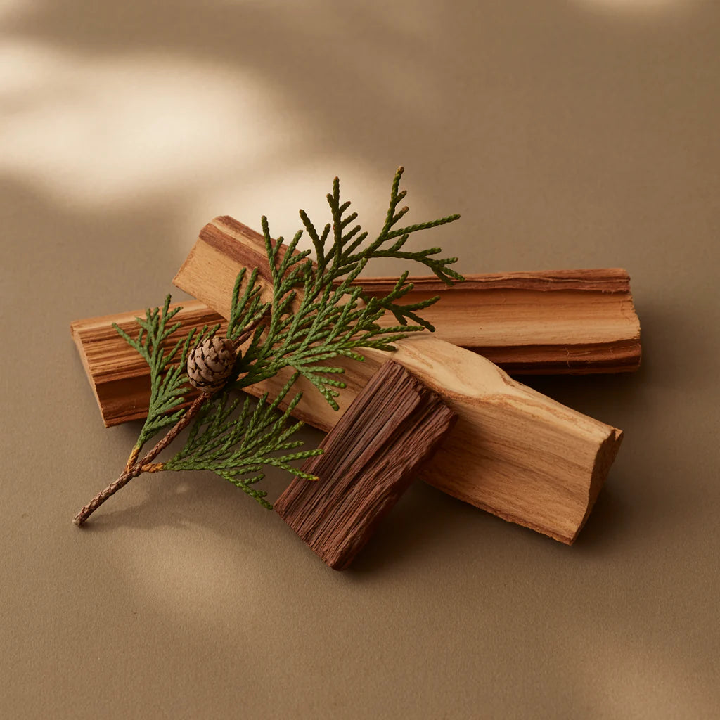 Wooden sticks with a green branch and pine cone on a brown background