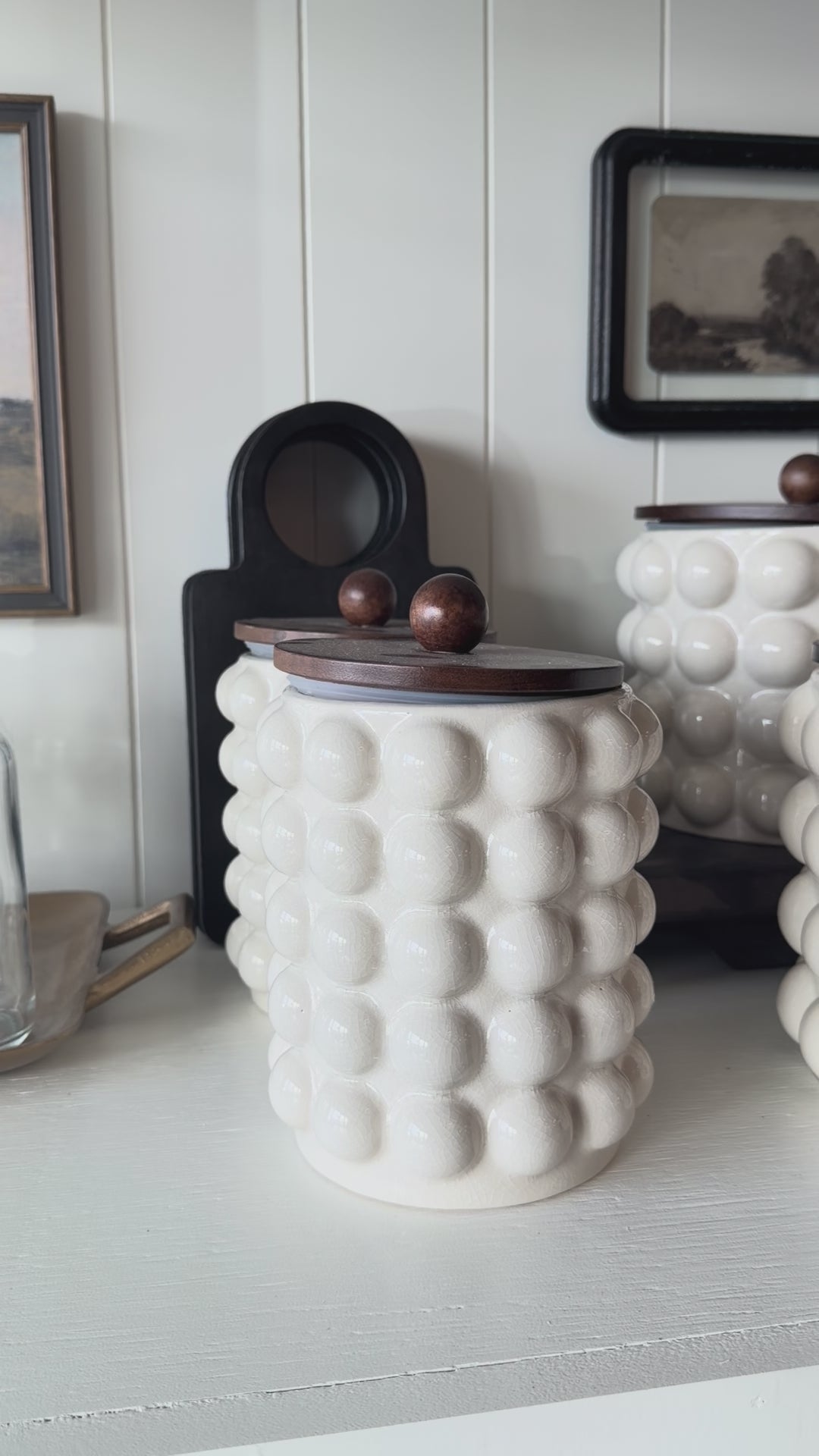 Stoneware Canister w/ Raised Dots & Acacia Wood Lid & Natural