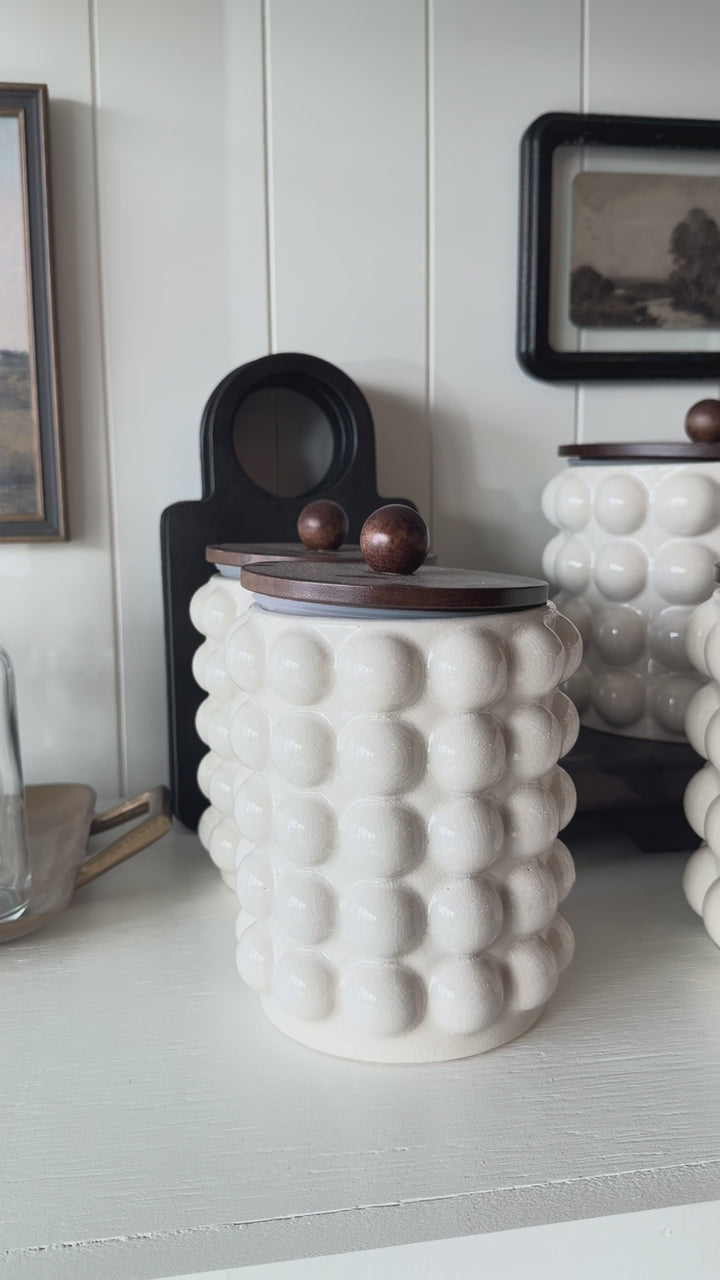Stoneware Canister w/ Raised Dots & Acacia Wood Lid & Natural