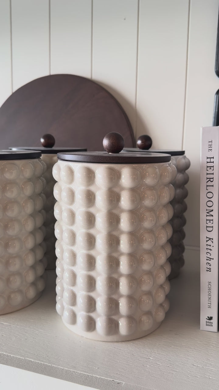 Stoneware Canister w/ Raised Dots & Acacia Wood Lid & Natural