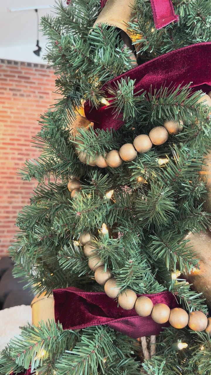 GOLD MANGO WOOD HANDMADE ROUND METALLIC LONG CARVED BEADED GARLAND WITH TASSEL