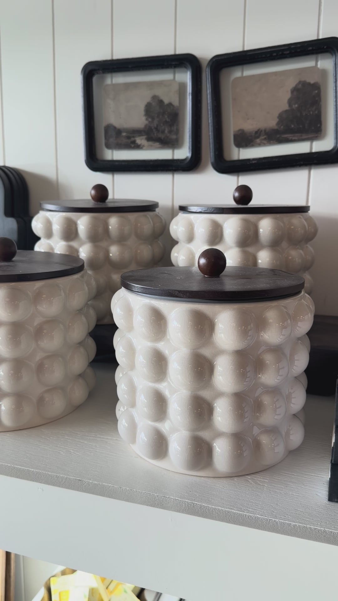 Stoneware Canister w/ Raised Dots & Acacia Wood Lid & Natural