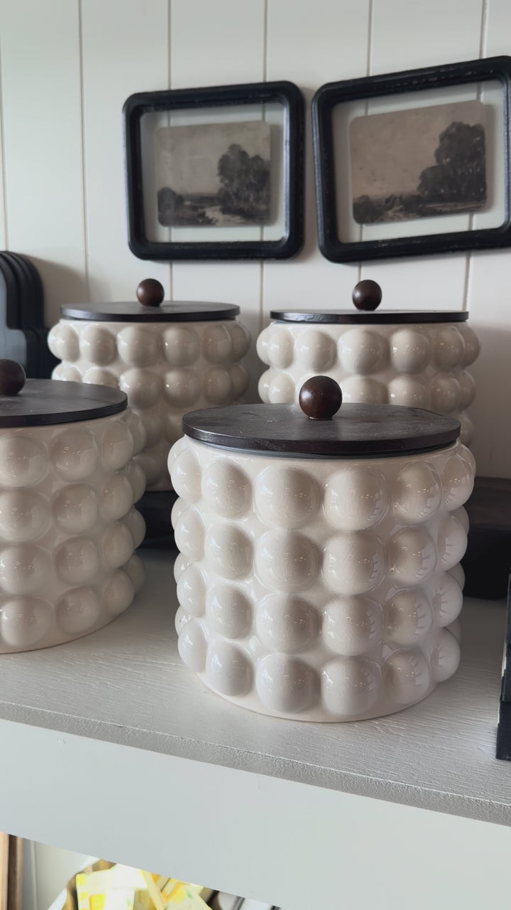 Stoneware Canister w/ Raised Dots & Acacia Wood Lid & Natural