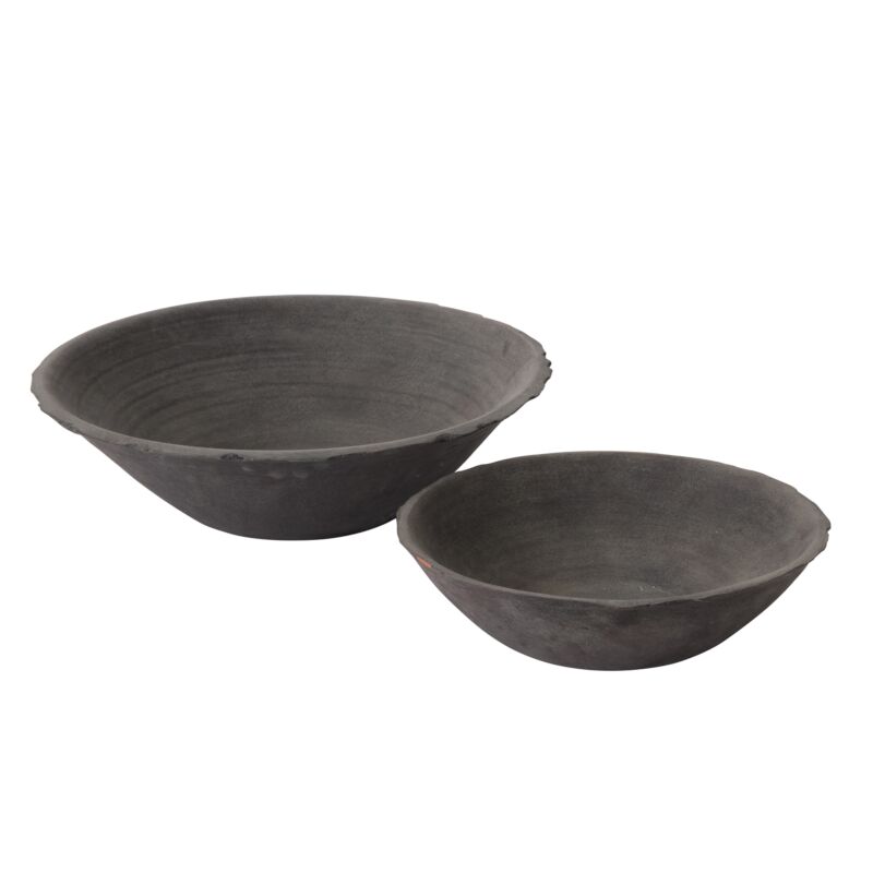 Two handcrafted terracotta bowls with matte black finish, one large and one small, displayed side by side.