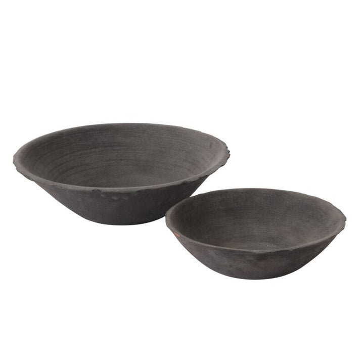 Two handcrafted terracotta bowls with matte black finish, one large and one small, displayed side by side.