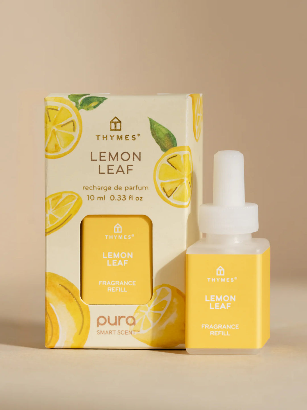 Thymes Lemon Leaf fragrance pura refill packaging and bottle on a beige background