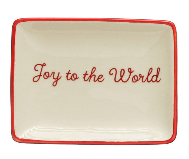 Stoneware Dish w/ Holiday Words & Red/Green Rim, Cream Color, 4 Styles
