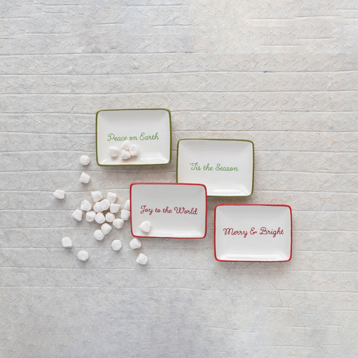 Stoneware Dish w/ Holiday Words & Red/Green Rim, Cream Color, 4 Styles