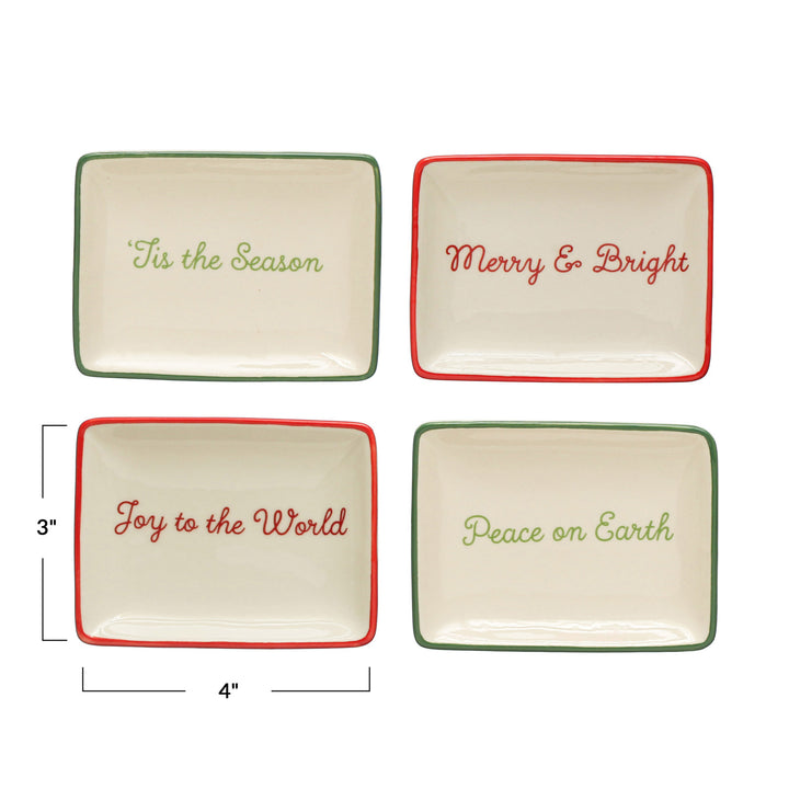 Stoneware Dish w/ Holiday Words & Red/Green Rim, Cream Color, 4 Styles