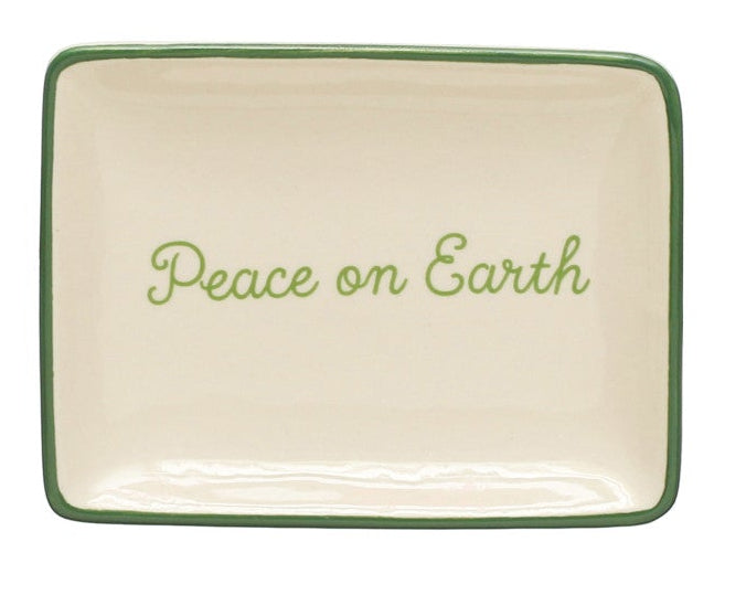 Stoneware Dish w/ Holiday Words & Red/Green Rim, Cream Color, 4 Styles