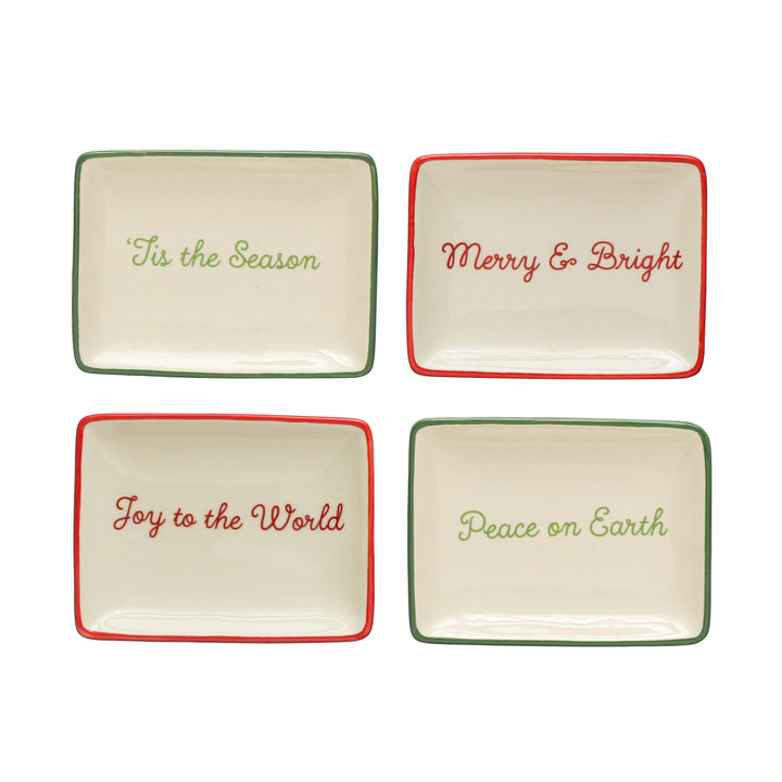 Stoneware Dish w/ Holiday Words & Red/Green Rim, Cream Color, 4 Styles