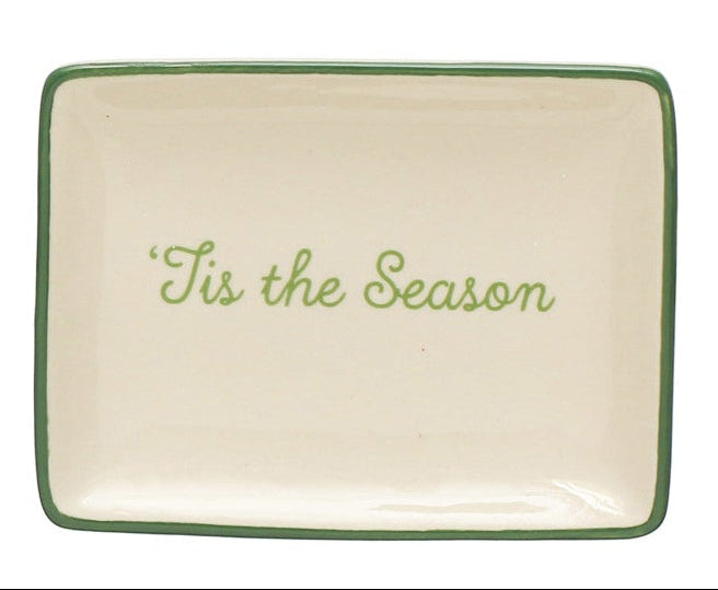 Stoneware Dish w/ Holiday Words & Red/Green Rim, Cream Color, 4 Styles