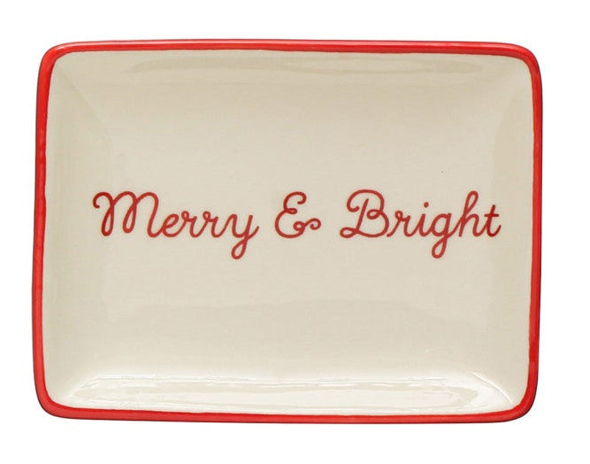 Stoneware Dish w/ Holiday Words & Red/Green Rim, Cream Color, 4 Styles