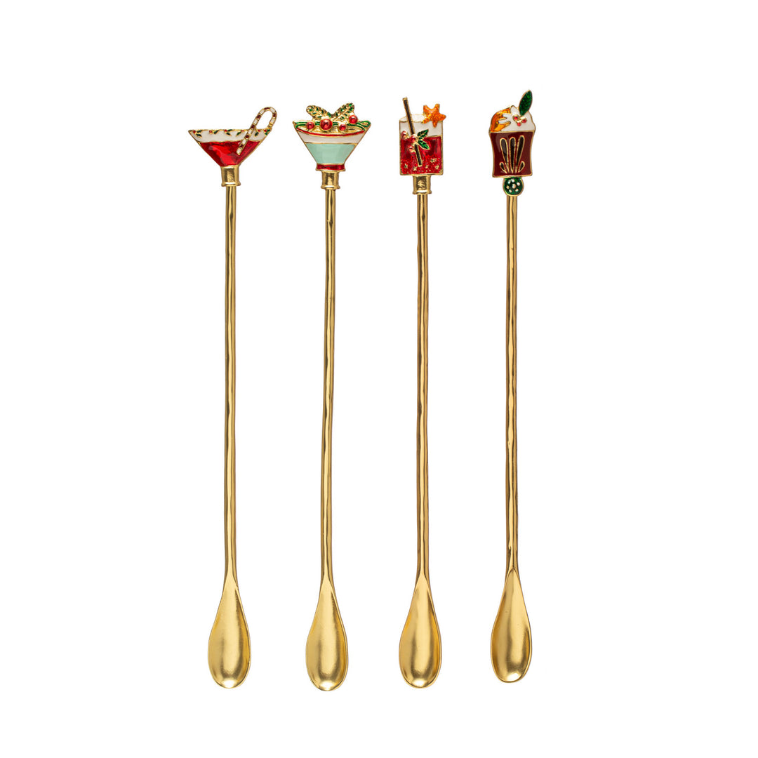 9"L Zinc Alloy Cocktail Spoon w/ Enameled Beverage Icon Handle, Multi Color, 4 Styles