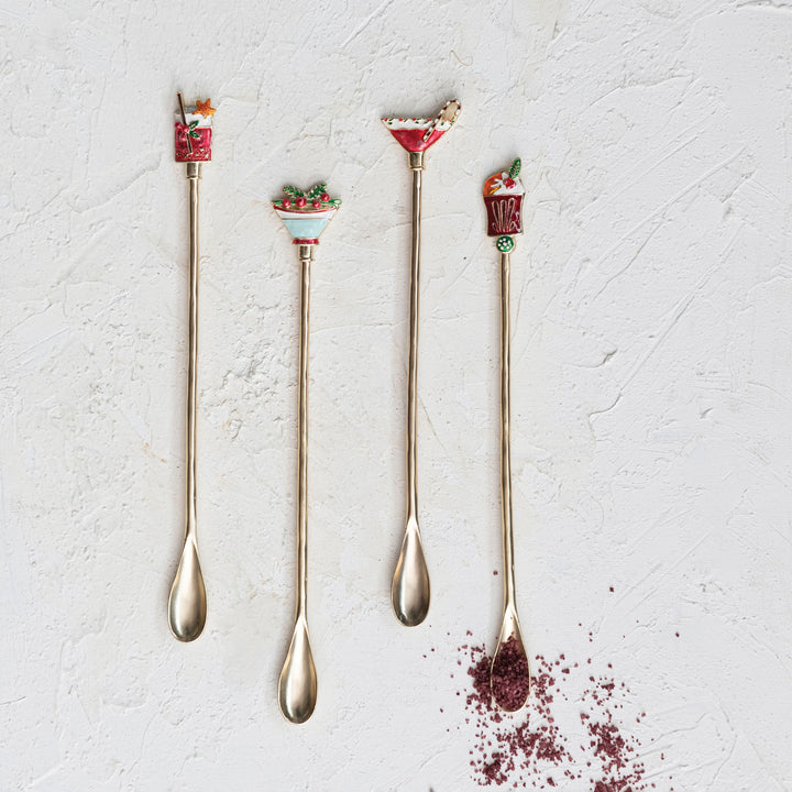 9"L Zinc Alloy Cocktail Spoon w/ Enameled Beverage Icon Handle, Multi Color, 4 Styles