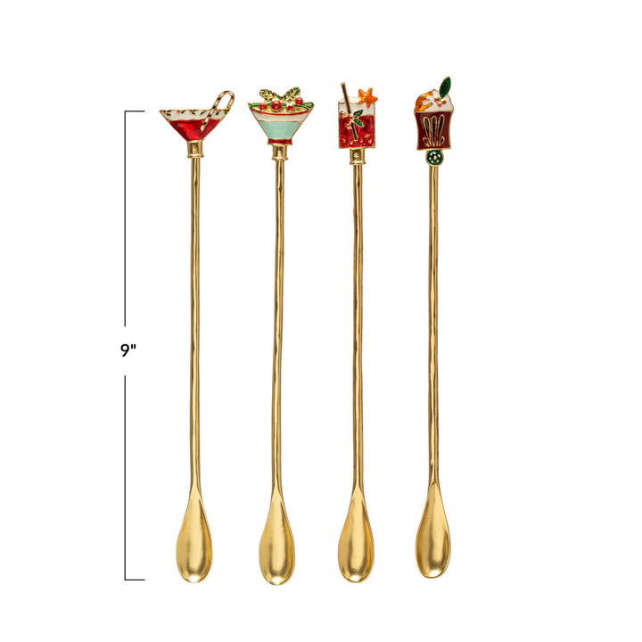 9"L Zinc Alloy Cocktail Spoon w/ Enameled Beverage Icon Handle, Multi Color, 4 Styles