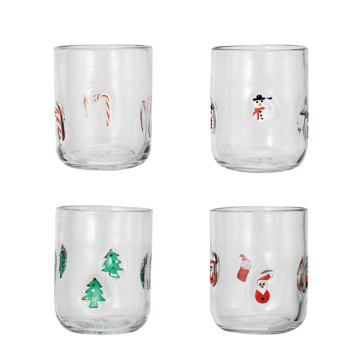 Drinking Glass w/ Embedded Holiday Icon Pattern, 4 Styles