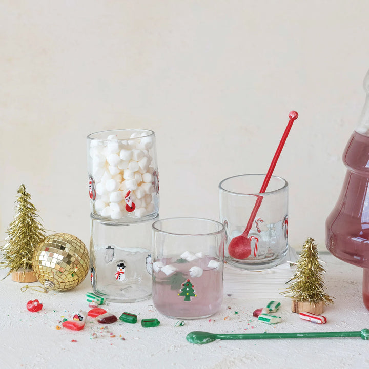 Drinking Glass w/ Embedded Holiday Icon Pattern, 4 Styles