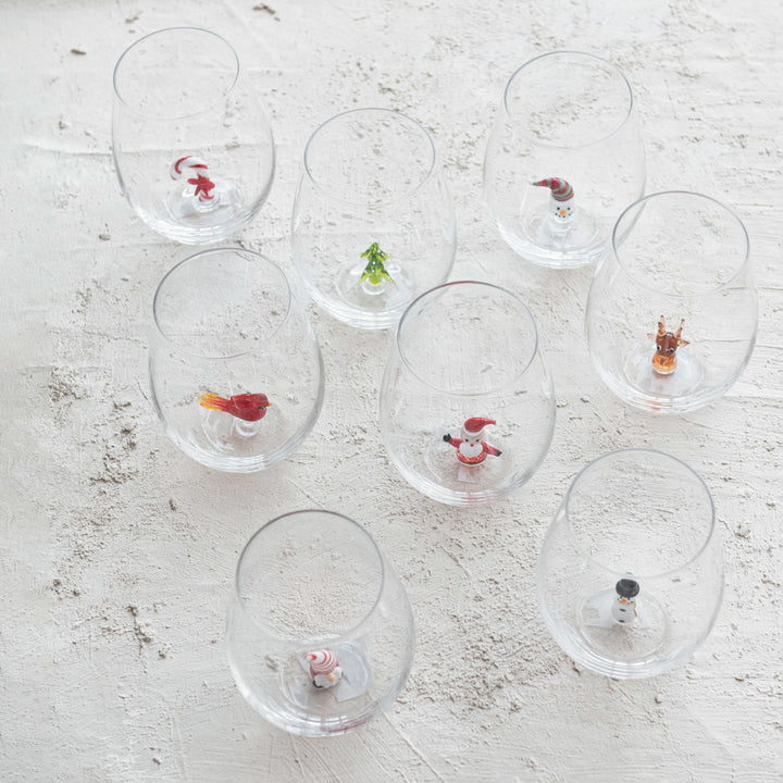 Stemless Wine Glass w/ Holiday Figure Inside, 8 Styles