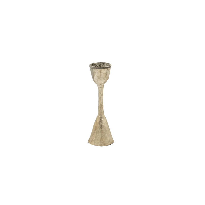 A hand-forged gold metal taper holder with an antique silver finish.