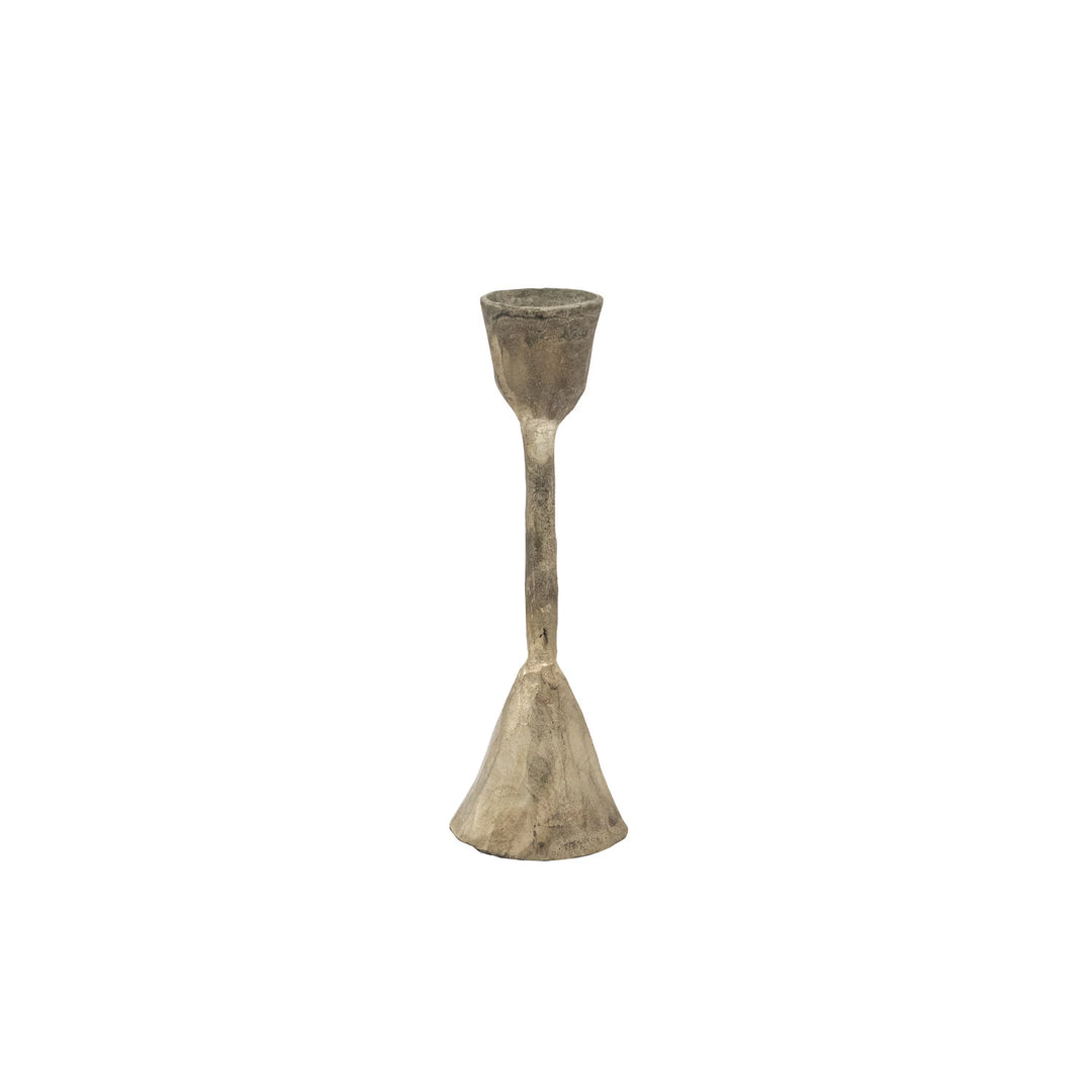 A hand-forged gold metal taper holder with an antique silver finish.