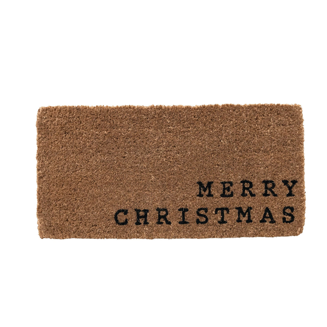 Rectangular natural coir doormat with the text 'Merry Christmas' printed in black.